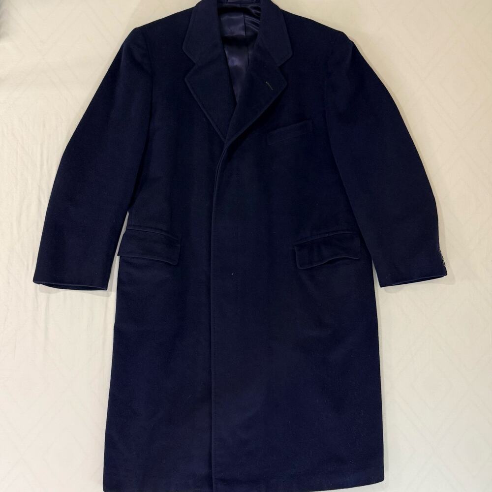 Vintage Hickey Freeman Mens 42 Blue Wool Long Overcoat Trench Top Coat Ivy